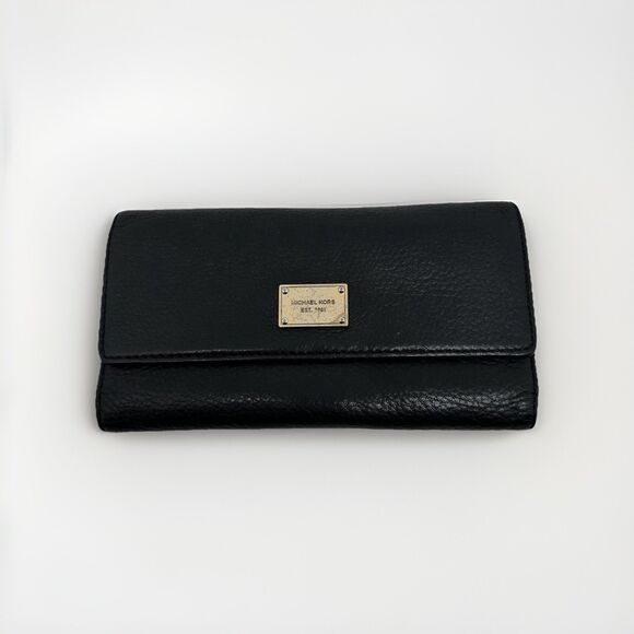 Michael Kors Wallet Womens Black Leather Snap Continental Zip Pocket Clutch - Picture 1 of 11